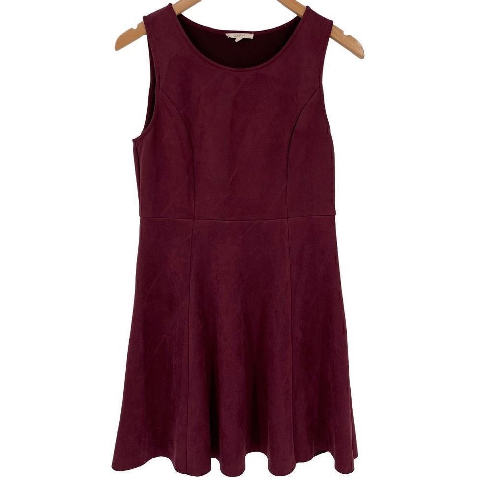 Mystree Faux Suede Ponte Skater Dress Mini Sleeveless Women Small Burgundy 15104
